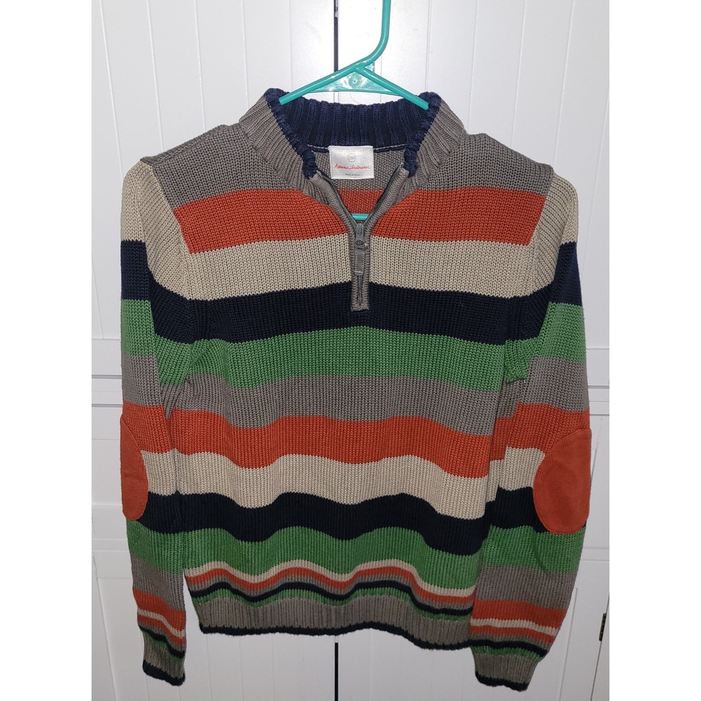 Hanna Andersson Boys 160 Cotton Quarter Zip Striped Sweater Elbow Patches 14/16